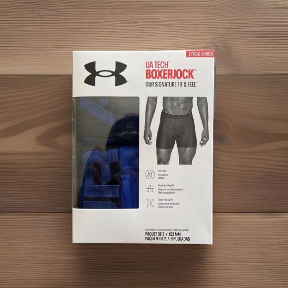 Under Armour UA Tech BoxerJocks Mens 5XL Blue Black 6” Inch Inseam 2 Pack - Picture 1 of 7